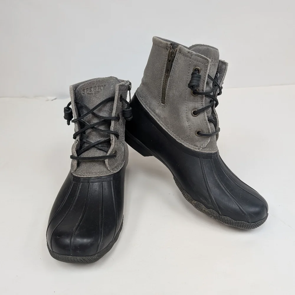 Sperry Black Rubber Gray Suede Saltwater Duck Boots Size 8